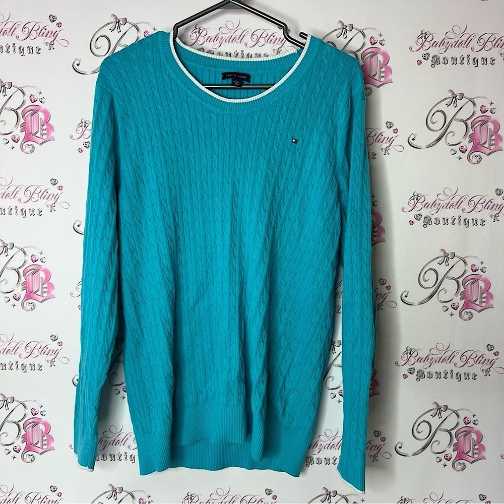 Tommy Hilfiger Teal Cable Knit Sweater white trim logo